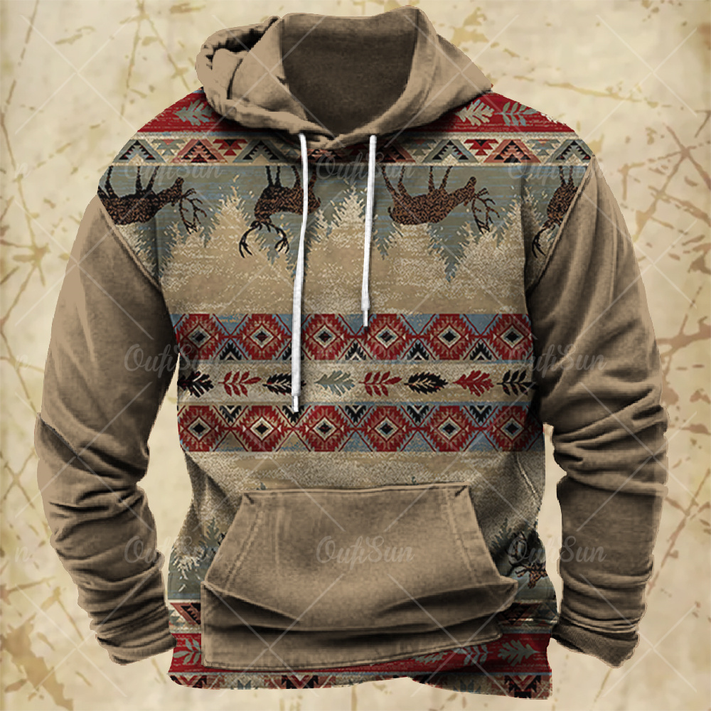 Winter Clothes Shop - Men Hooded Vintage Print Sweatshirt Ethnic